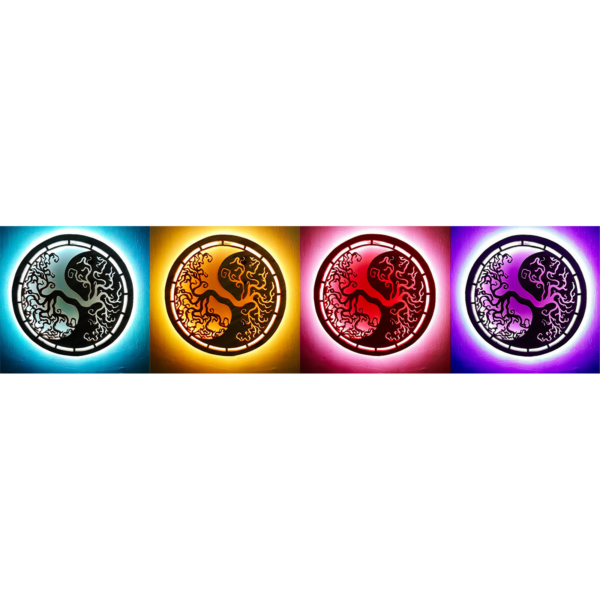 Wooden handcrafted mandala Yin-Yang Tree of Life with colored LED lights mounted on wall