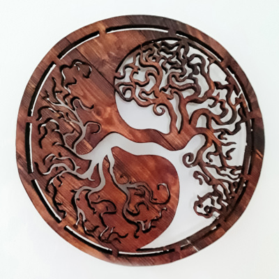 Wooden handcrafted mandala the Yin-Yang Tree of Life